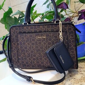 Calvin Klein Satchel Handbag In Calvin Klein Logo Black and Tan